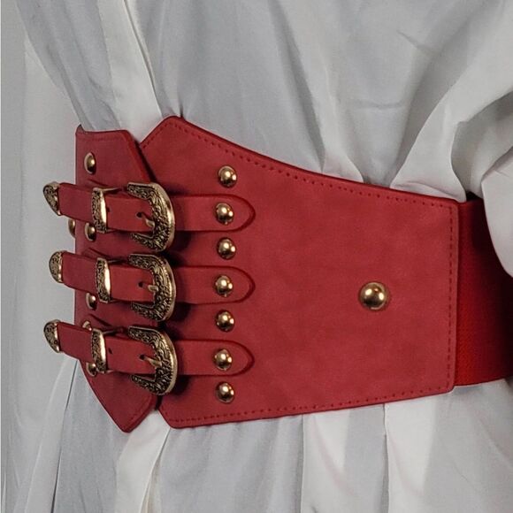 Red Wide Elastic Corset Belt Triple Buckle Detail Western Gold Accents Cincher - Picture 6 of 6